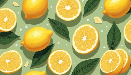 Juicy yellow lemon slices, whole fruits arranged on pastel green background with dark leaves. Bright, fresh pattern suggests summer, health, natural ingredients for food beverage concepts. Great for