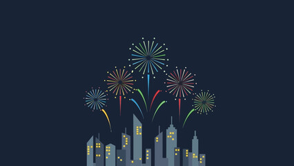 Night City Skyline Celebration with Colorful Fireworks Display