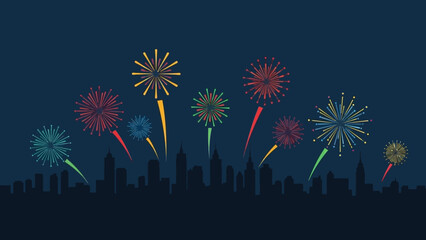 Night City Skyline Celebration with Colorful Fireworks Display