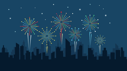 Night City Skyline Celebration with Colorful Fireworks Display