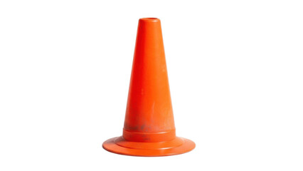 Bright orange plastic training cone isolated on white background, multi purpose marker for cricket, football, baseball and general fitness drills, agility courses, boundaries and safety warnings

