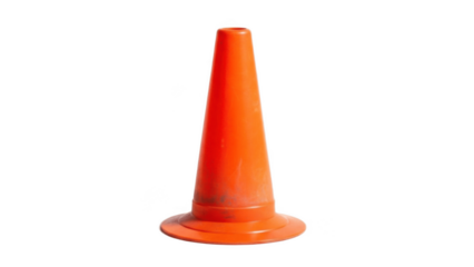 Bright orange plastic training cone isolated on white background, multi purpose marker for cricket, football, baseball and general fitness drills, agility courses, boundaries and safety warnings

