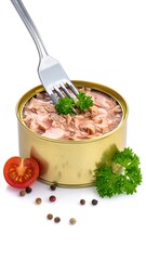 A can of tuna being forked, garnished with parsley and a tomato slice, with peppercorns scattered around
