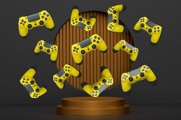 Colorful gaming controllers joystick levitating over podium against abstract background, minimalist concept device on pedestal