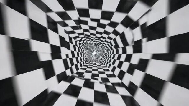 Optical illusion tunnel with checkered pattern, perspective view, abstract art.