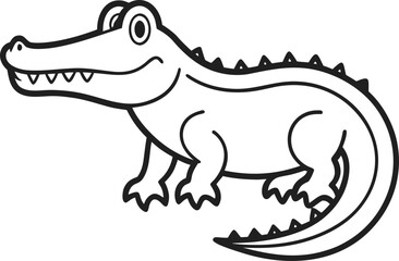 Fototapeta premium Friendly cartoon crocodile line drawing, black and white reptile sketch, children coloring page, cute animal illustration, cad drawing flat vector illustration