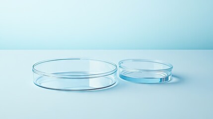 Two Clear Glass Petri Dishes on a Light Blue Background for Laboratory and Scientific Research Applications in Microbiology and Cell Culture