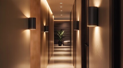 Modern hallway with elegant lighting fixtures and a touch of greenery, showcasing a sleek and minimalist design for contemporary interiors
