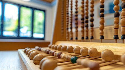 Close-Up View of a Classic Wooden Abacus with Colorful Beads in a Bright Learning Environment with Large Windows and Natural Light