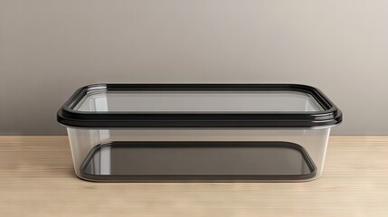 Clear plastic storage container with black lid on a wooden surface, ideal for organizing home and kitchen items, food storage, and more