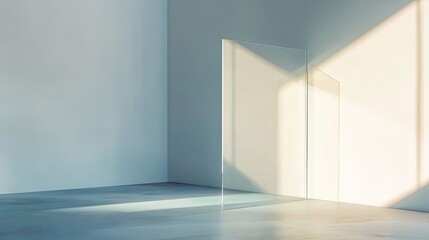 Minimalist interior design featuring light reflections on glass door in an empty modern room with neutral colors and soft shadows creating a serene atmosphere