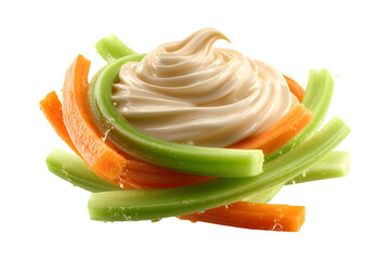 Fresh Crispy Celery and Carrot Sticks with Creamy Dip on Transparent Background
