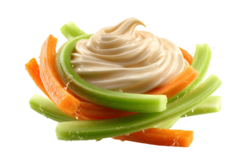 Fresh Crispy Celery and Carrot Sticks with Creamy Dip on Transparent Background
