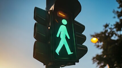Green pedestrian traffic light signaling safe crossing for pedestrians in urban environment at dusk with warm sunset lighting effects and clear blue sky