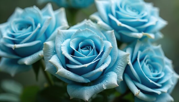 Close up of light blue roses covered in water droplets. The petals have soft edges. A few green leaves are visible in background. This is great for nature and romance themes. - Powered by Adobe