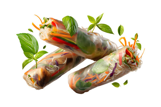 Three Fresh Spring Rolls with Vibrant Vegetables Floating on Black