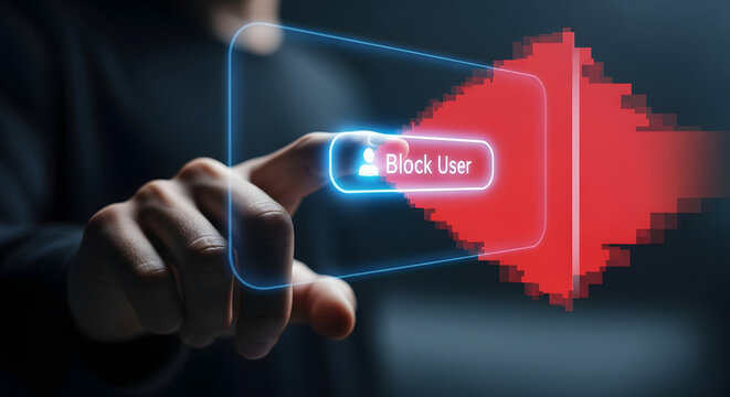 Block user concept digital interface person pressing button to stop online harassment cyberbullying