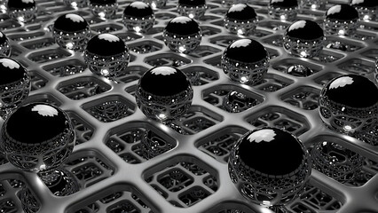 precision engineering abstract background with glossy black spheres on a reflective grid for data science and innovation concepts