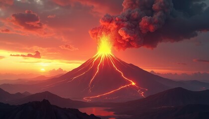Volcano erupts spewing hot lava and ash into fiery sunset sky. Molten rock flows down mountain slopes towards a dark lake below. Fiery landscape.