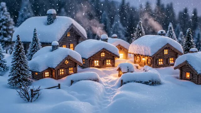 Static shot capturing the quiet atmosphere of a miniature snow-covered cabin village enveloped in a thin mist with soft golden glows emanating from windows winter, cold, quiet