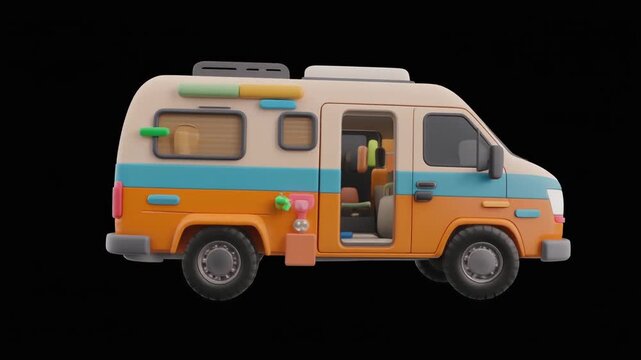 Cartoon-style camper van with beige top, orange bottom, turquoise stripe, open side door, black background.