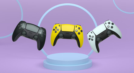 Colorful gaming controllers joystick levitating over podium against abstract background, minimalist concept device on pedestal © Vasyl Onyskiv