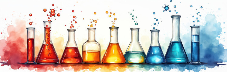 Colorful watercolor illustration of lab glassware. Various flasks with red orange yellow blue liquids, bubbles. Science experiment concept with vibrant fluid splashes. Artistic background for