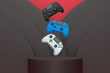 Colorful gaming controllers joystick levitating over podium against abstract background, minimalist concept device on pedestal