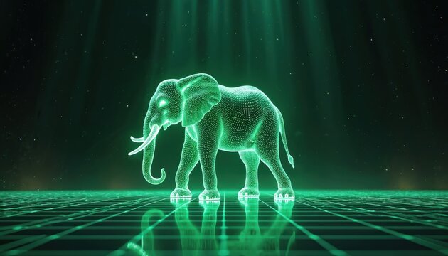 Digital elephant hologram glowing green over futuristic grid. Virtual reality ecosystem network. Protecting endangered species data. Future conservation technology.