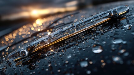 Close-up of a clear car windshield wiper arm, glistening with water droplets on a dark car hood, bathed in warm golden sunlight.