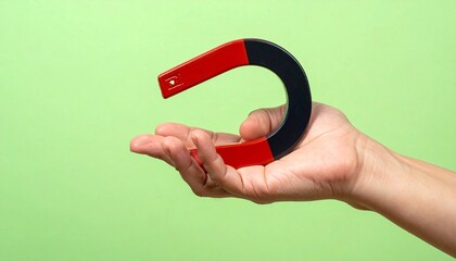 U-shaped horseshoe magnet held against green backdrop—red and black poles—symbolizing polarity, attraction, and the rhythmic architecture of force, duality, and invisible structure.