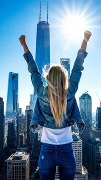 Woman Raising Arms in Triumph With Cityscape View