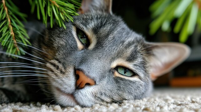 Close-up of a gray tabby cat resting peacefully, its head nestled near a Christmas tree. - Powered by Adobe
