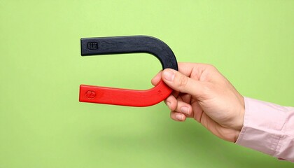 U-shaped horseshoe magnet held against green backdrop—red and black poles—symbolizing polarity, attraction, and the rhythmic architecture of force, duality, and invisible structure.