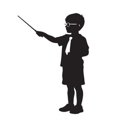 Silhouette illustration of a young boy wearing glasses and a tie, holding a pointer stick, representing a curious student or a budding teacher in a classroom setting