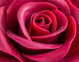 Close-up of a vibrant, deeply-hued rose, petals in intricate spiral