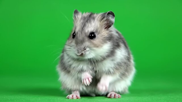 Static studio shot of a perfectly isolated hamster sitting calmly with its front legs folded on a vibrant green screen background smallanimal, domestic, commercial