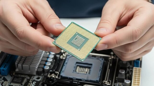 Closeup of hands holding a computer processor chip above a motherboard