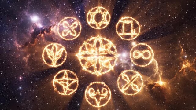 Navagraha Puja Nine Planetary Symbols Glowing in Cosmic Space Sacred Hindu Scene