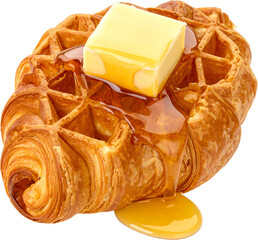 Croffle with butter and maple syrup isolated on white