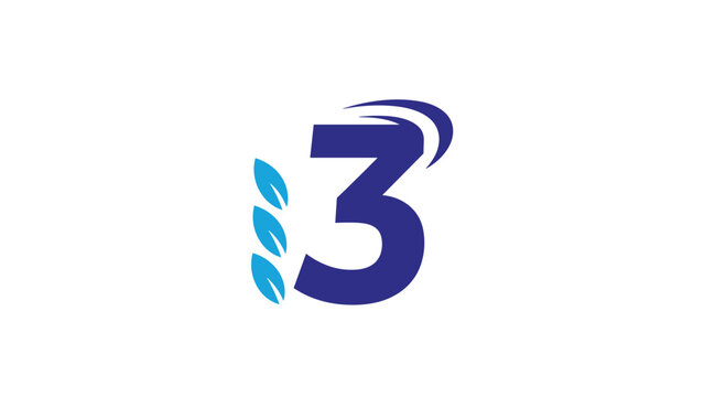 Modern blue number three logo with leaf design element, Generative AI.
