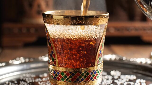 Hot amber colored tea being poured into an ornate glass cup with gold trim and decorative colored jewels set against a dark wooden background with a silver tray below reflecting intricate patterns