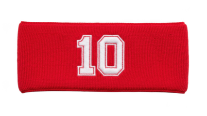 Red elastic sports headband with bold white number 10 embroidery, athletic sweatband accessory for team players, running, training sessions and customizable fan merchandise on white background

