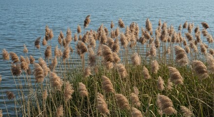 Reeds by a calm lake, light brown seed heads
