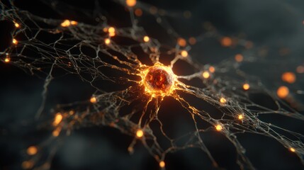 A detailed illustration of a neuron and its intricate network, highlighting the glowing connections within a dark backdrop.