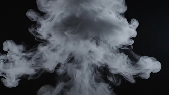 Dense atmospheric gray smoke drifting upwards, wispy curls and soft edges, realistic volumetric motion, slow floating fume, dark black backdrop