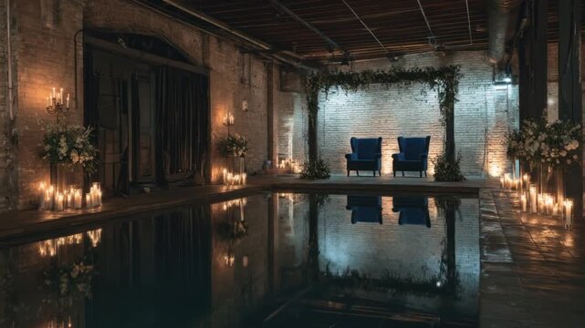 A dimly lit indoor space with a pool reflects two armchairs, brick walls, and floral accents