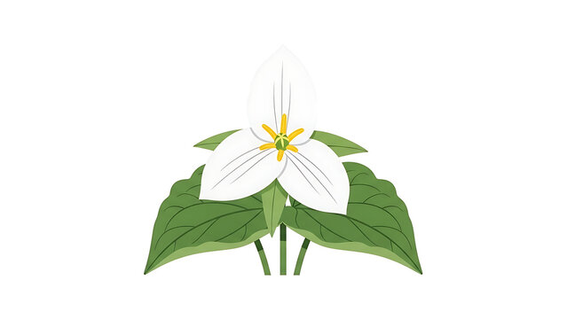 A serene illustration of a white trillium flower with green leaves on a plain white background viewed from directly above