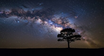 Silhouetted tree against a vast expanse of night sky, filled with a vibrant Milky Way