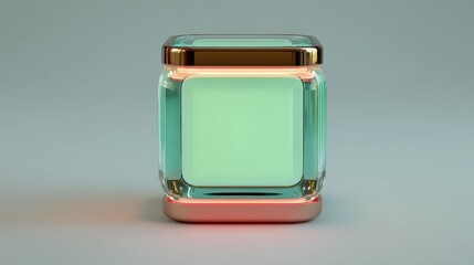 A modern, geometric cube with transparent aqua-green glass and metallic gold and copper accents sits on a neutral backdrop.